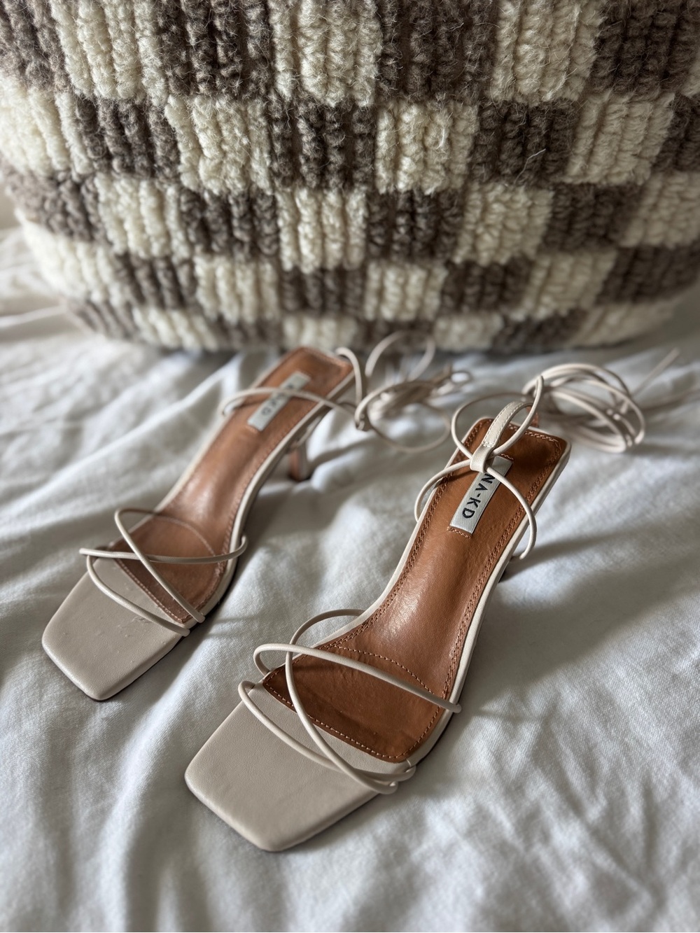 Square-Toe Strappy Heeled Sandals in Cream